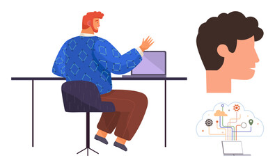 Man seated at desk working on laptop, AI cloud interface connecting ideas, and head profile symbolizing creativity. Ideal for technology, innovation, AI projects, design, learning, collaboration