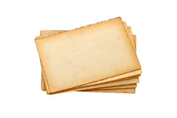 Aged vintage paper stack with burnt edges and antique appearance showing historical document texture, isolated on a transparent background