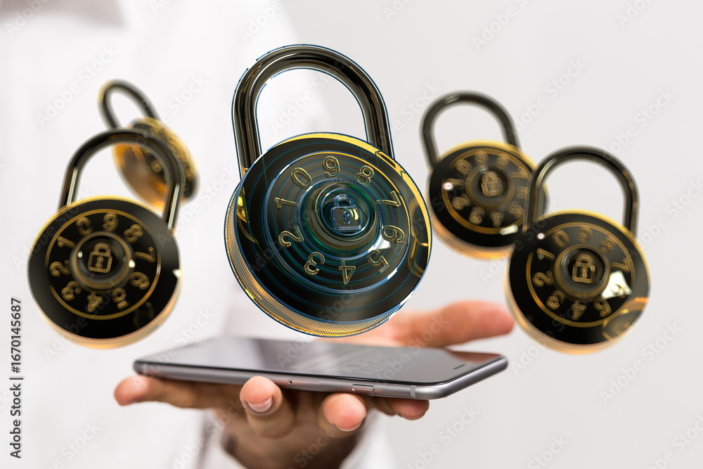 Poster protecting digital information with strong passwords and security measures.