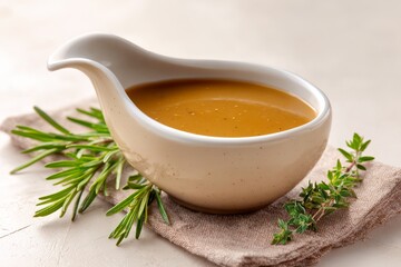 White bowl with a sauce in it.