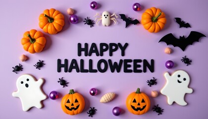 A festive and playful Halloween themed position set against a pastel purple background, The central focus is the bold, black HAPPY HALLOWEEN, prominently displayed in the middle of the scene