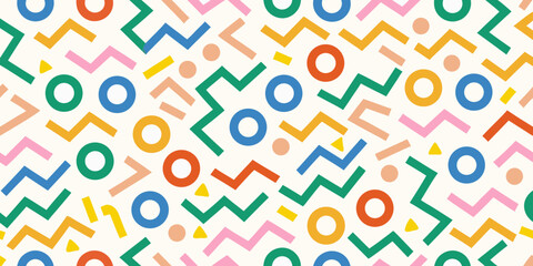 Vibrant memphis style geometric pattern with circles zigzags and lines in bright colors