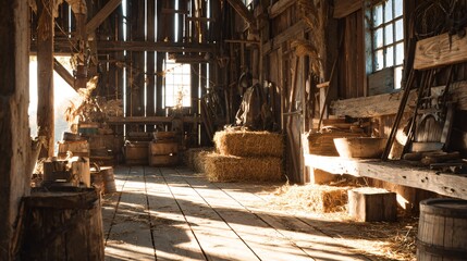 A rustic barn interior with golden sun filtering through wooden slats, harvest tools, natural textures