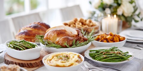 Thanksgiving table dinner with traditional dishes and festive candles