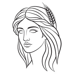 Mythical Demeter Line Art – Wheat Harvest Vector Outline Drawing with Seasonal Abundance – Demeter Drawing – Vector of Demeter – Demeter Outline – Greek Goddess Lineart