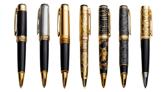 Luxury Pens : A flat lay of luxury pens with elegant designs, isolated on a Transparent background, PNG file.