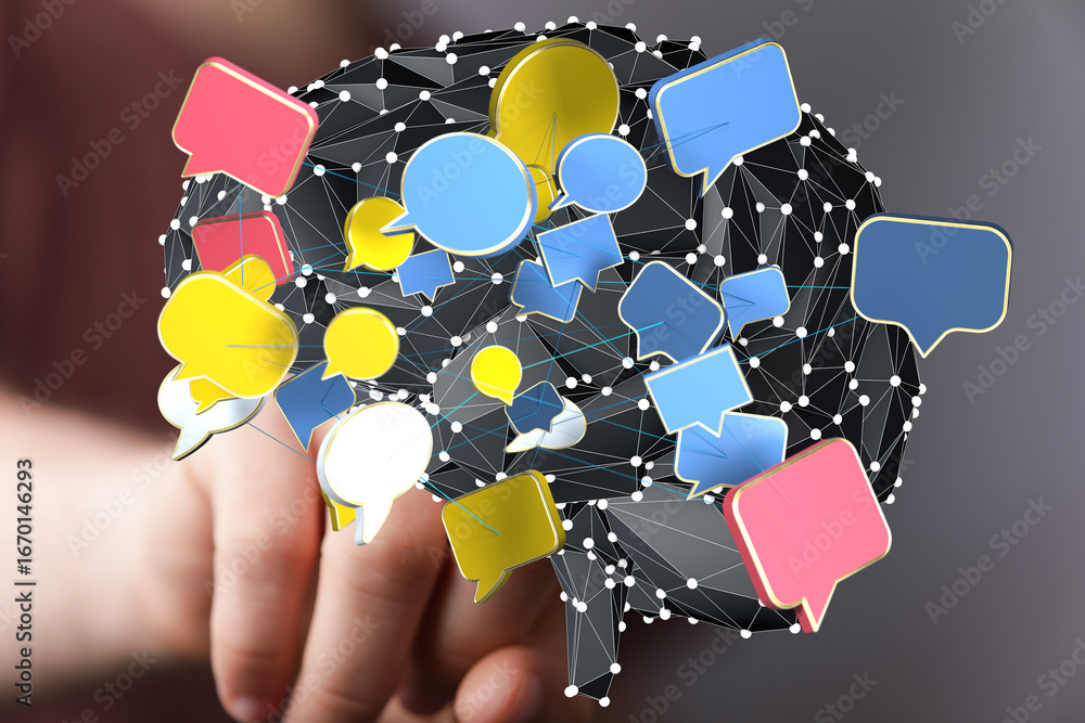 Aufkleber abstract image of a brain with colorful speech bubbles, representing global communication and networ