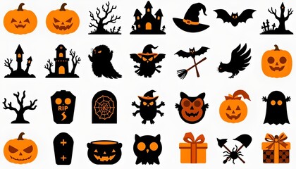 The image features an array of Halloween themed icons arranged in a grid pattern, The icons are predominantly black with orange accents, creating a striking contrast