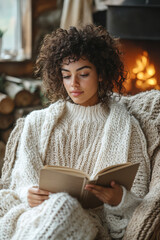 A person enjoys the warmth of a cozy armchair, wrapped in a soft blanket while reading a book during a calm evening by the fireplace