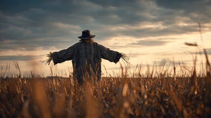 A scarecrow in golden cornfield at dusk, cinematic rural frame