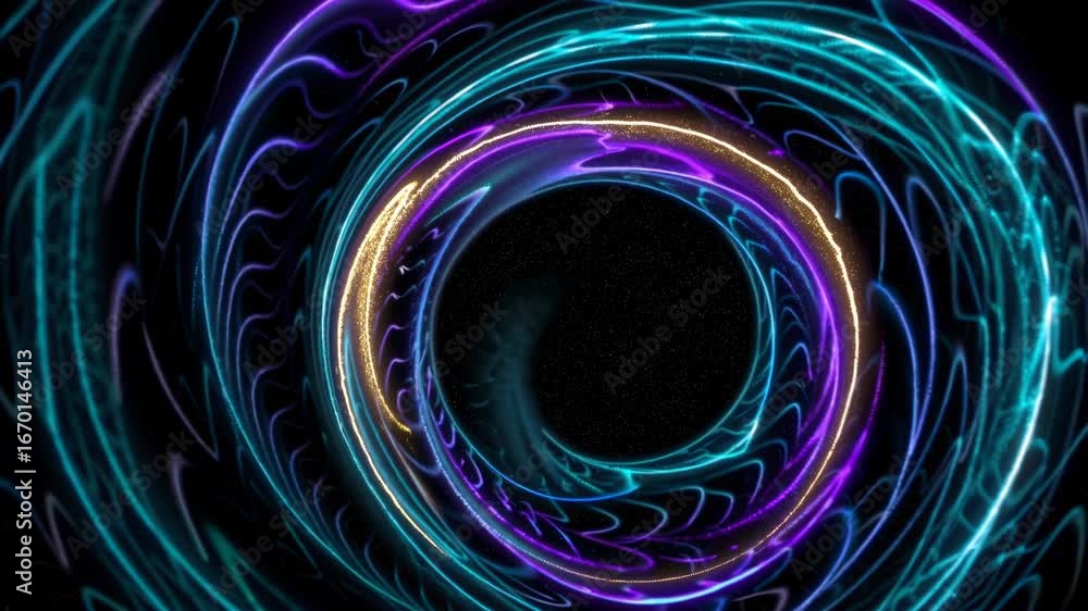 Poster vibrant cosmic swirl animation with neon lights creating a mesmerizing twirling effect on a dark bac