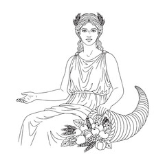 Seasonal Demeter Line Art – Grain Basket Vector Illustration Divine Agriculture Goddess Drawing – Demeter Drawing – Line Art Drawing of Demeter – Demeter Icon – Greek Goddess Vector