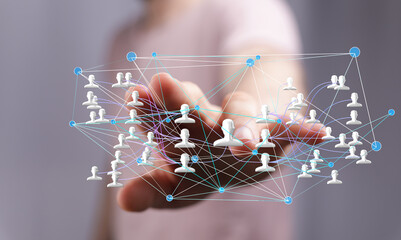 Image of a hand interacting with a digital network of interconnected people, symbolizing global...