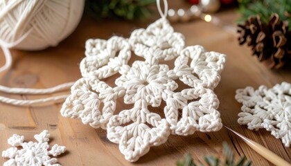 Naklejka premium Crocheted Snowflake Ornaments with Yarn and Pinecone on Wooden Table