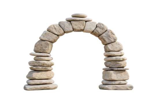 Balanced stone arch formation created from stacked river rocks, demonstrating natural harmony and equilibrium, isolated on a transparent background