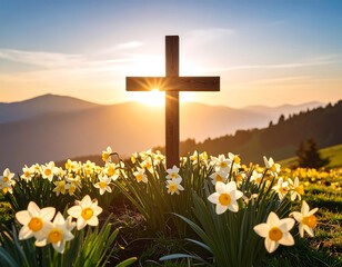 Wooden cross atop a hill, surrounded by daffodils at sunset