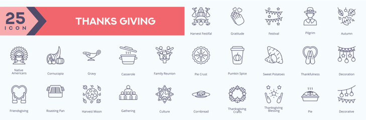Set of 25 Thanksgiving icons. featuring turkey, harvest, food, family gathering, autumn festival, and traditional holiday symbols.
Perfect for seasonal design, invitations, and festive project.
