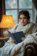 A young woman sits comfortably in a warm brown armchair, engrossed in a book. Soft light from a nearby lamp creates a cozy atmosphere as evening sets in