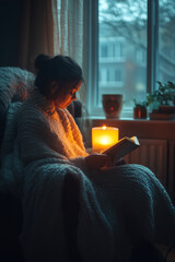 A young woman sits comfortably in an armchair wrapped in a soft blanket, engrossed in reading a book. The warm glow of a candle lights up the cozy atmosphere during evening hours