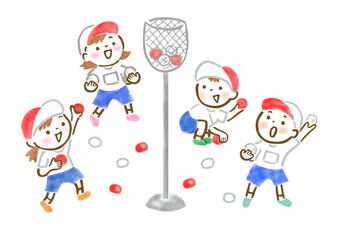 運動会で玉入れをする元気な子供たちの手描きイラスト
