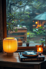 A vintage vinyl record player sits on a wooden table beside a warm lamp, creating a cozy atmosphere while rain drops against the window outside, enhancing the serenity of the moment