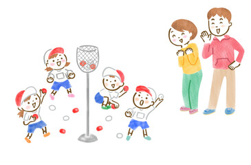 運動会で玉入れをする元気な子供たちと応援する父親母親の手描きイラスト
