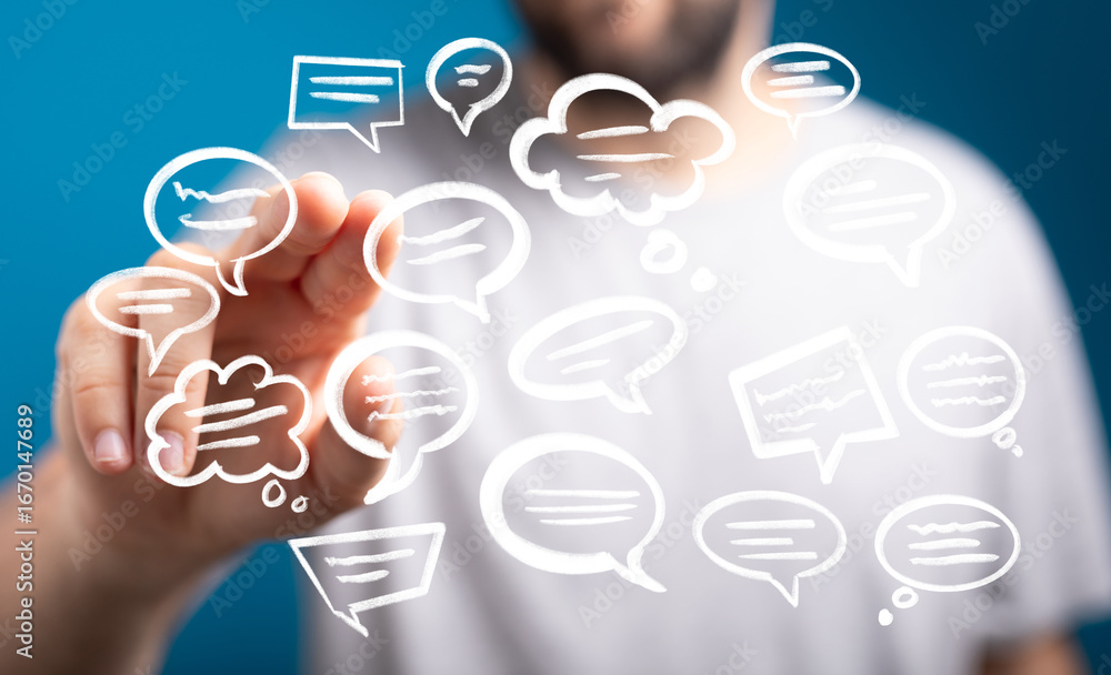 Poster abstract image of a person interacting with digital speech bubbles, representing communication and i
