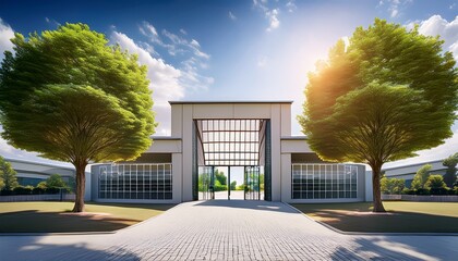 open gate of a modern school building with courtyard and trees symbolizing access to education and learning