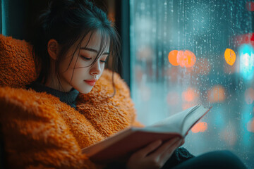 A woman absorbed in a book sits comfortably indoors, surrounded by warmth. Rain taps against the window as colorful city lights blur in the background