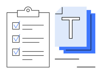 Clipboard with checkboxes for task tracking and a set of layered documents. Ideal for productivity, workflow, planning, goals, task prioritization, management, simple landing page