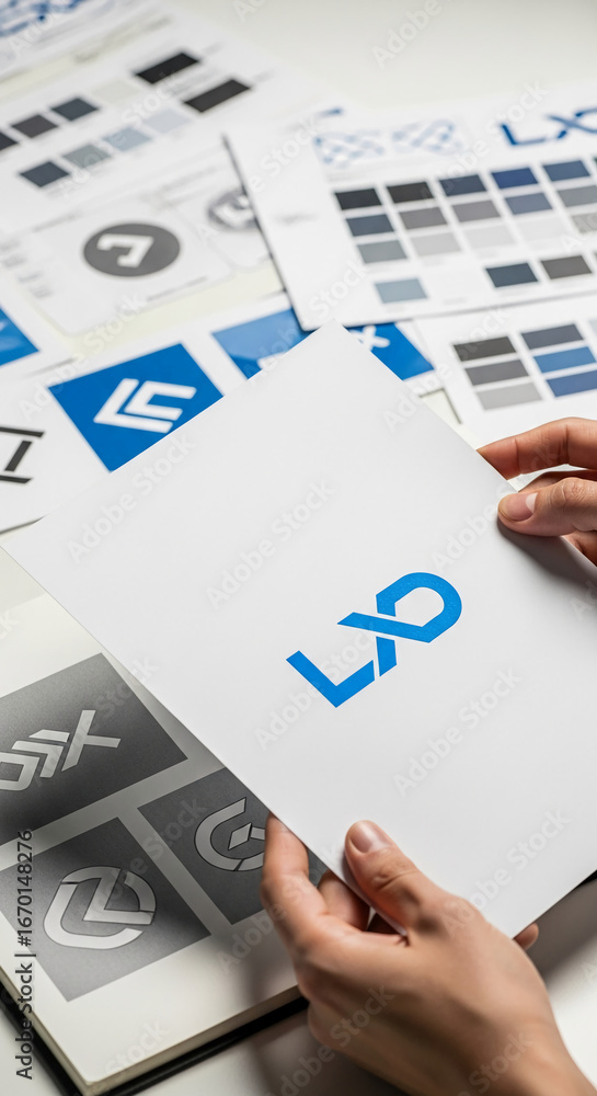 Poster hands hold white paper showcasing blue logo design, surrounded by design sketches and color palettes