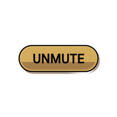 Golden unmute button shiny metallic oval label with text for audio control and communication interface design elements isolated on transparent background