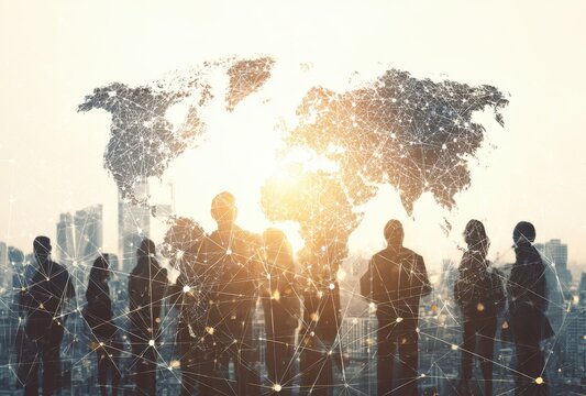Diverse group of people standing in front of a large world map projection with sunlight shining through