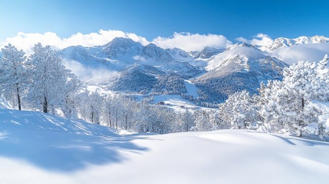 Winter mountain landscape with snow-capped peaks and forest, sunny weather.
Fits well with materials about winter recreation, nature, and tourism.