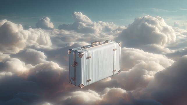 Suitcase floating among clouds