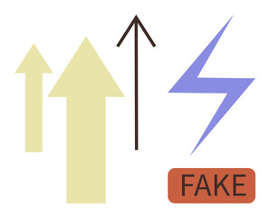 Upward arrows symbolizing progress, lightning bolt as energy or disruption, red fake label emphasizing authenticity or misinformation. Ideal for growth, innovation, authenticity, misinformation