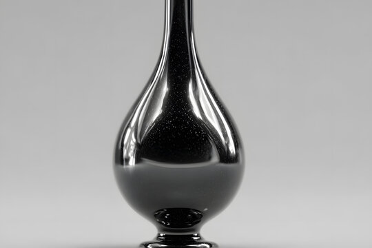 Shiny black liquid drop with smooth reflective surfae creating abstract and moern shape isolated on darkbackground, clean glossy apearance, striking minimalst design detail