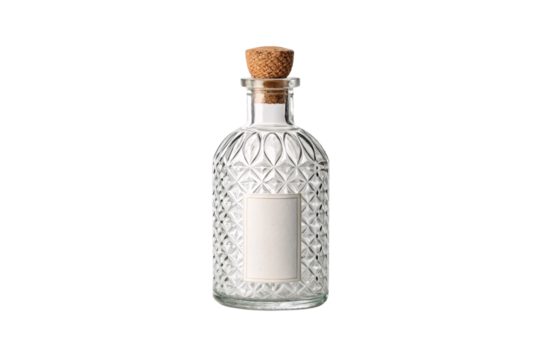 Clear glass bottle with cork stopper, diamond crosshatch pattern, blank white label, elegant vintage styling, isolated on a transparent background