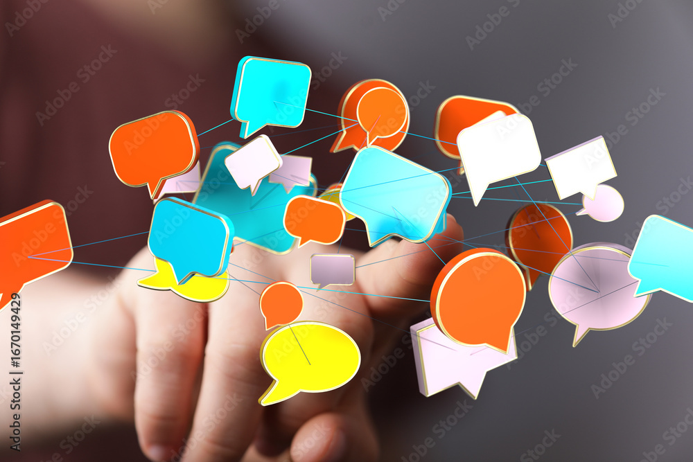 Poster abstract image of interconnected speech bubbles, symbolizing global communication and social network