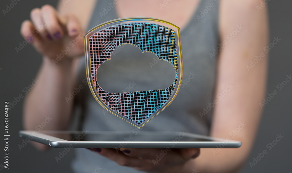 Poster woman uses tablet to access secure cloud data. cloud security and data protection concept.