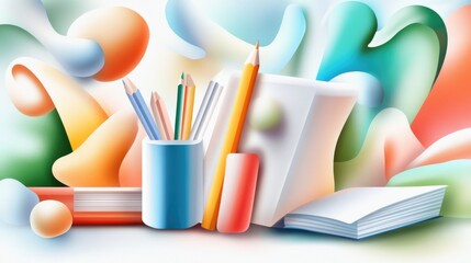 Fototapeta premium Colorful abstract art with stationery and books in modern artistic style