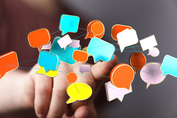 Abstract image of interconnected speech bubbles, symbolizing global communication and social...