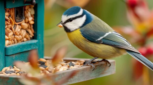 A blue tit bird feeding at a smart bird feeder in a backyard. The feeder is filled with seeds, surrounded by greenery and autumn foliage.