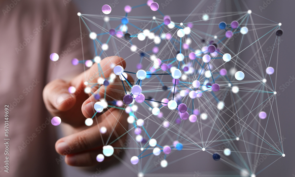 Poster abstract image of a hand interacting with a complex network of interconnected nodes, representing gl