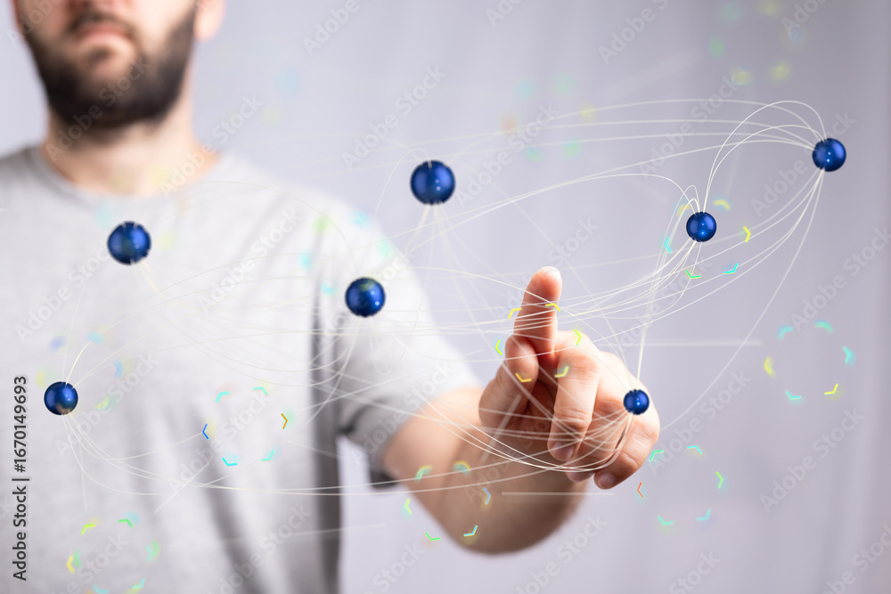 Poster image of a person interacting with a digital network, representing global connectivity and data flow