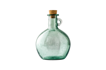 Green glass bottle with cork and handle, rustic olive oil or vinegar cruet, isolated on a transparent background