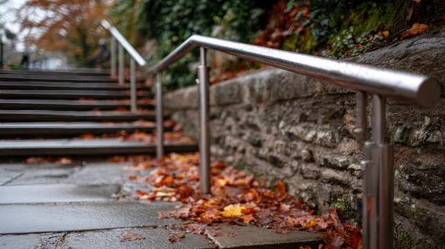 Elderly walker assistance handrail concept. A close-up of a stainless steel railing alongside wet stone steps covered in fallen leaves. - Powered by Adobe