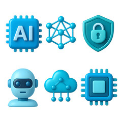 AI 3D rendering icon set with neural network, robot head, shield lock and cloud computing symbols on transparent background for UI UX dashboards and cybersecurity marketing