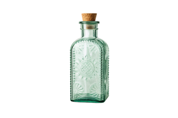 Light green glass bottle with cork stopper, ornate embossed sun and leaf pattern, square vintage design, isolated on a transparent background