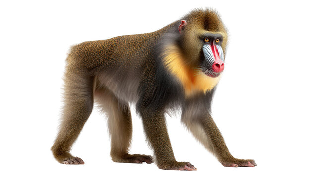 Mandrill Monkey in the Wild: A mandrill monkey with bright colorful face and body, isolated on a Transparent background, PNG file.